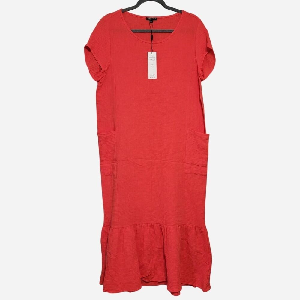 NWT For Cynthia Women's L Oversized Red Cotton Muslin Ruffle Hem Midi Dress